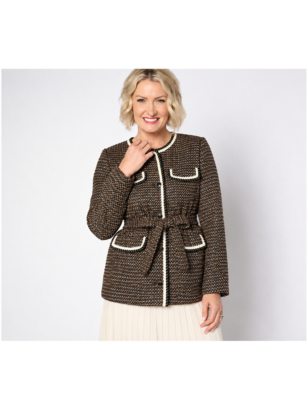 Isaac Mizrahi Live! Regular Woven Tweed Jacket with Self Tie Black Tweed X-Large